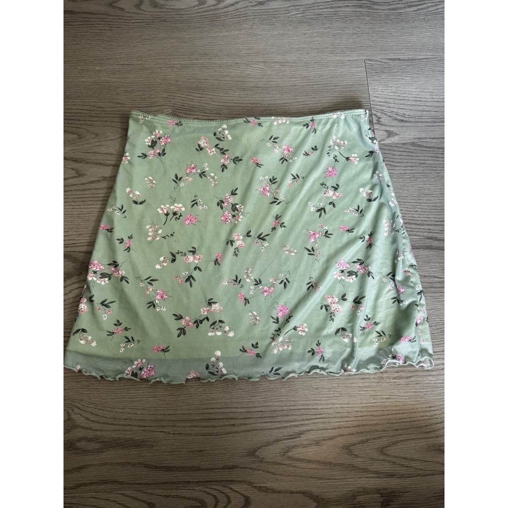 Sage Green Floral Mesh Mini Skirt Lettuce Hem Y2K Coquette Style Small